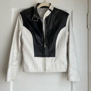 Black and White Genuine Leather Women's Moto Jacket
